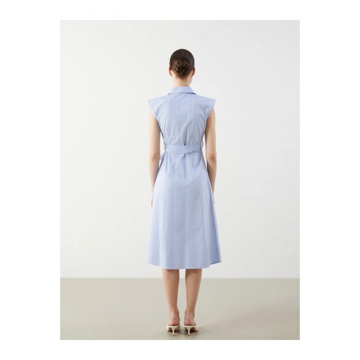 Kuşaklı Çizgili Gömlek Elbise