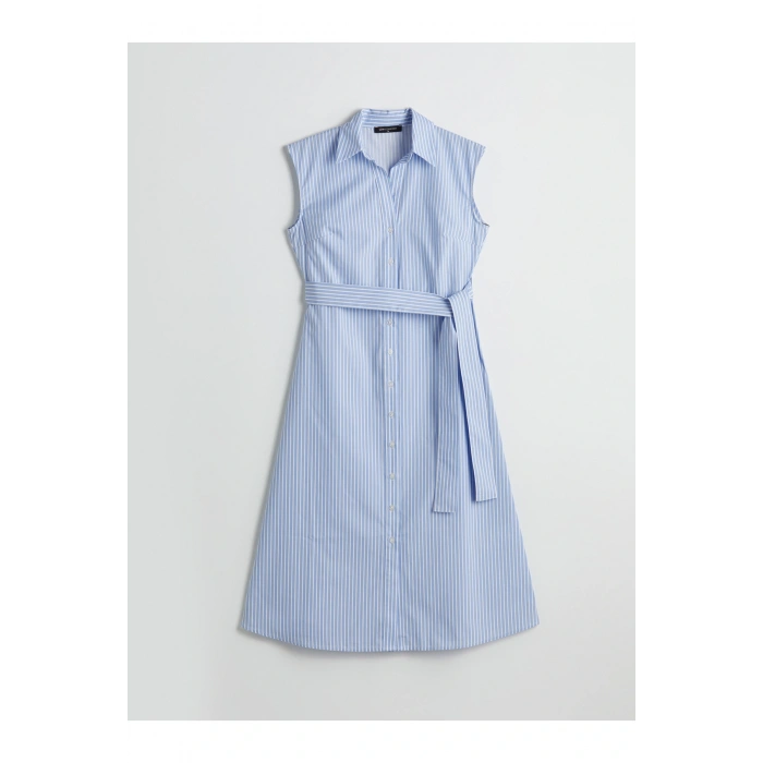 Kuşaklı Çizgili Gömlek Elbise