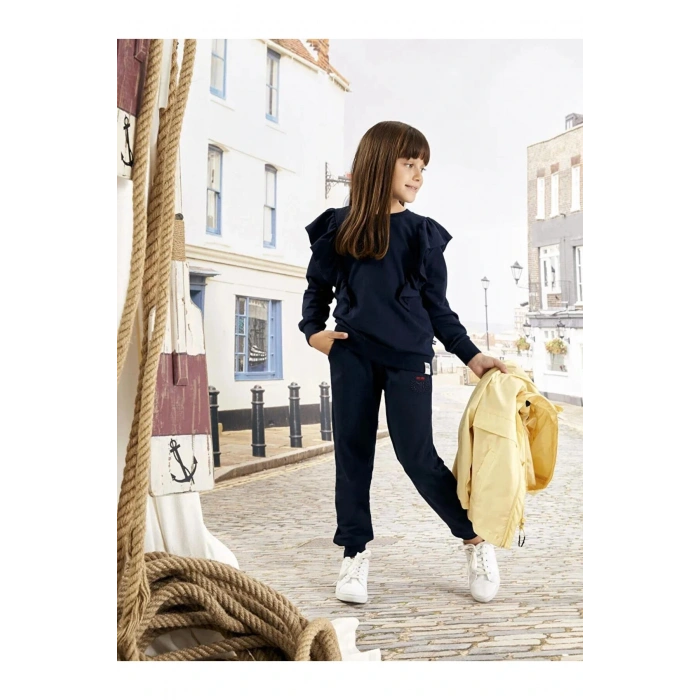 Lacivert Beli Lastikli Nakışlı Kız Çocuk Jogger Eşofman Altı