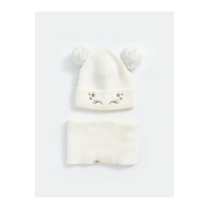 LCW ACCESSORIES Ekru Nakışlı Kız Çocuk Atkı ve Bere