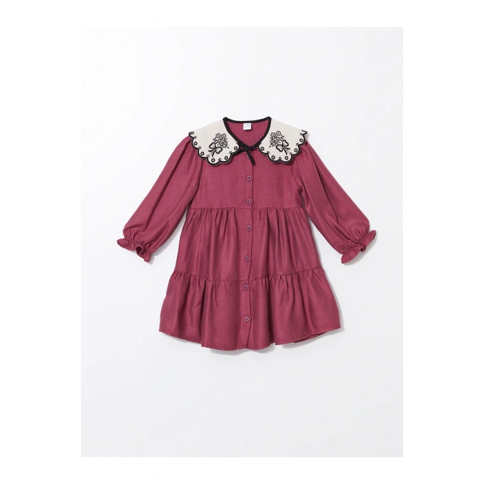 LCW baby Açık Mürdüm Bebe Yaka Uzun Kollu Kız Bebek Elbise