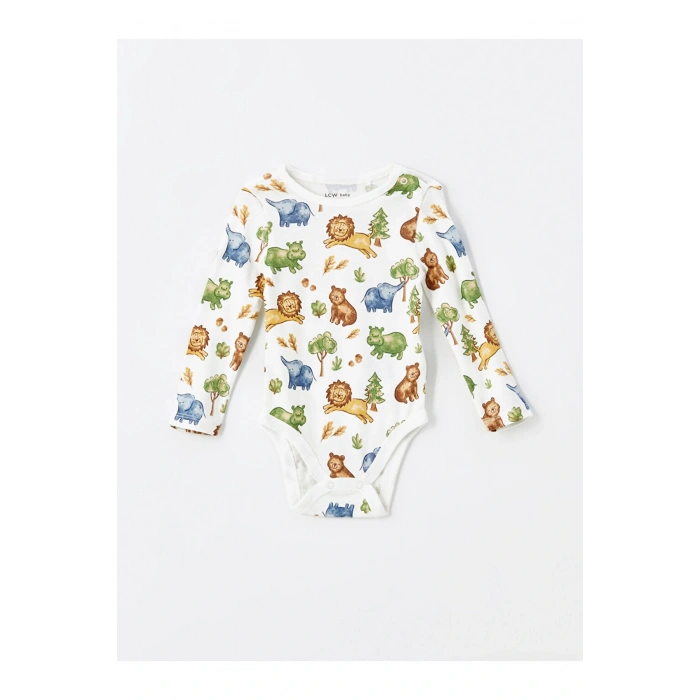 LCW baby Bej Baskılı Uzun Kollu Erkek Bebek Çıtçıtlı Body 2li