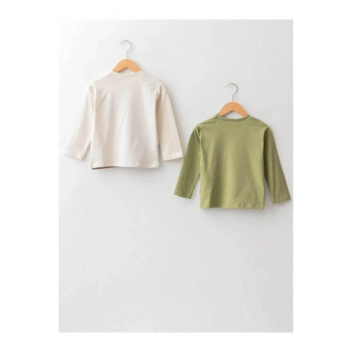 LCW baby Bej Bisiklet Yaka Uzun Kollu Baskılı Erkek Bebek Tişört 2li