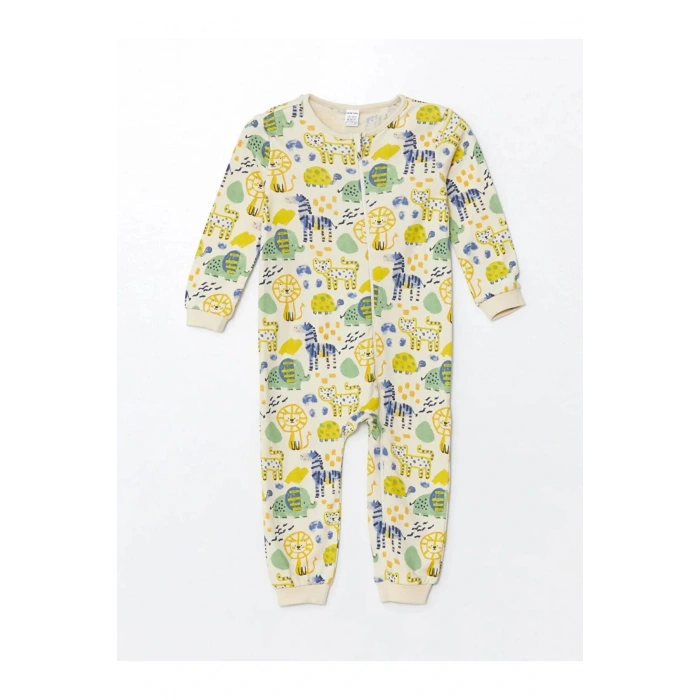 LCW baby Bej Bisiklet Yaka Uzun Kollu Baskılı Erkek Bebek Tulum 2li