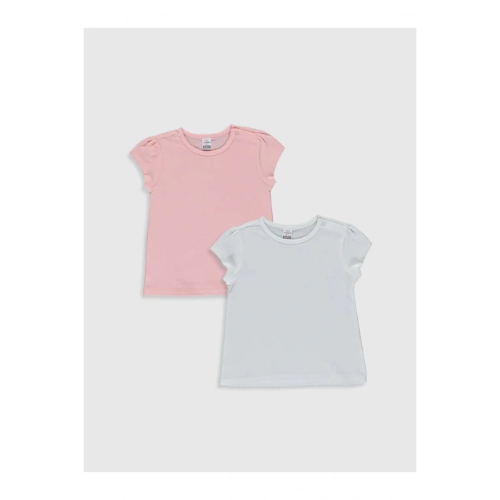 LCW baby Beyaz Bisiklet Yaka Kısa Kol Basic Kız Bebek Tişört 2li