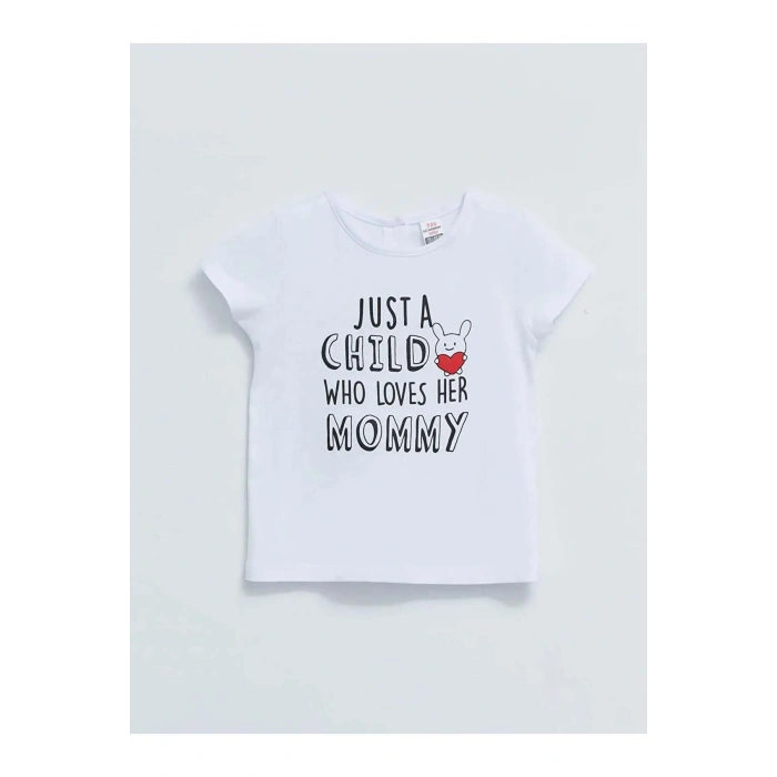 LCW baby Beyaz Bisiklet Yaka Kısa Kol Baskılı Pamuklu Kız Bebek Tişört