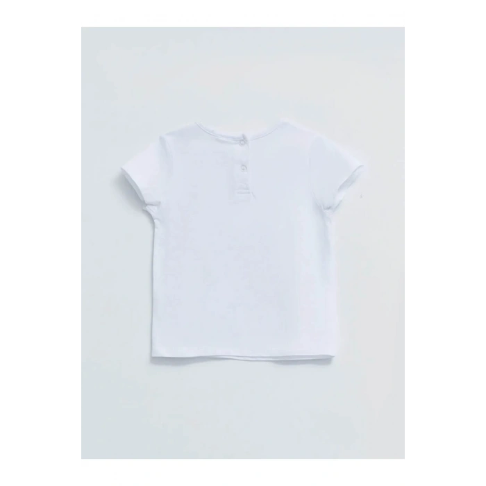 LCW baby Beyaz Bisiklet Yaka Kısa Kol Baskılı Pamuklu Kız Bebek Tişört