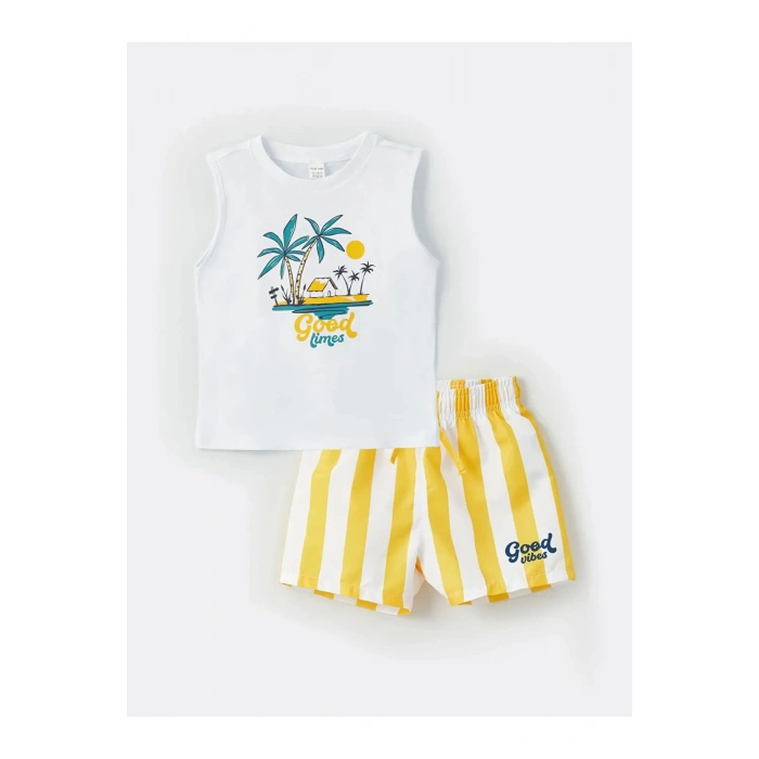 Lcw Baby Bisiklet Yaka Baskılı Erkek Bebek Atlet Ve Deniz Şortu 2li Takım