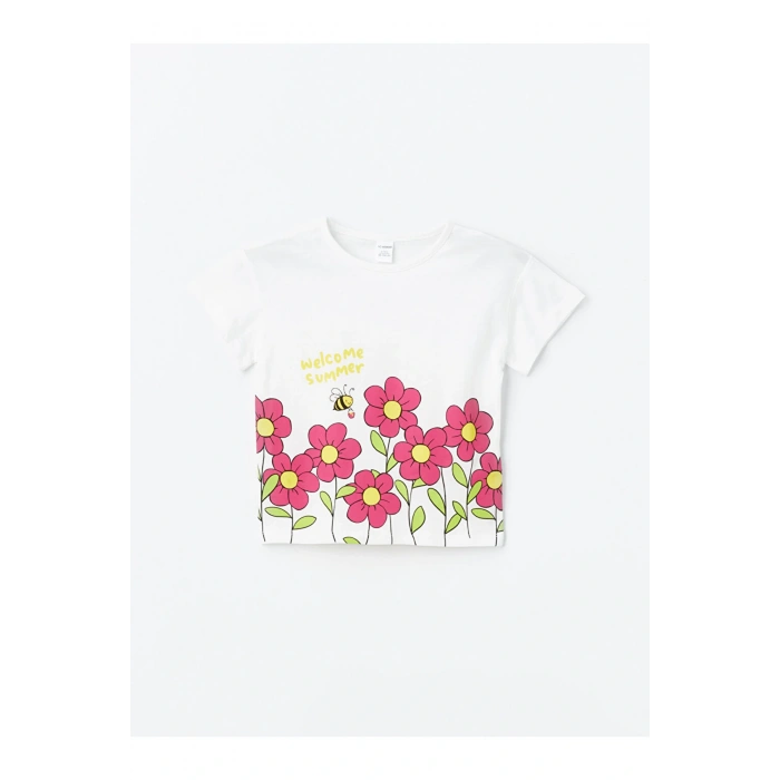 LCW baby Bisiklet Yaka Kısa Kollu Çiçekli Kız Bebek Tişört ve Şort 2li Takım