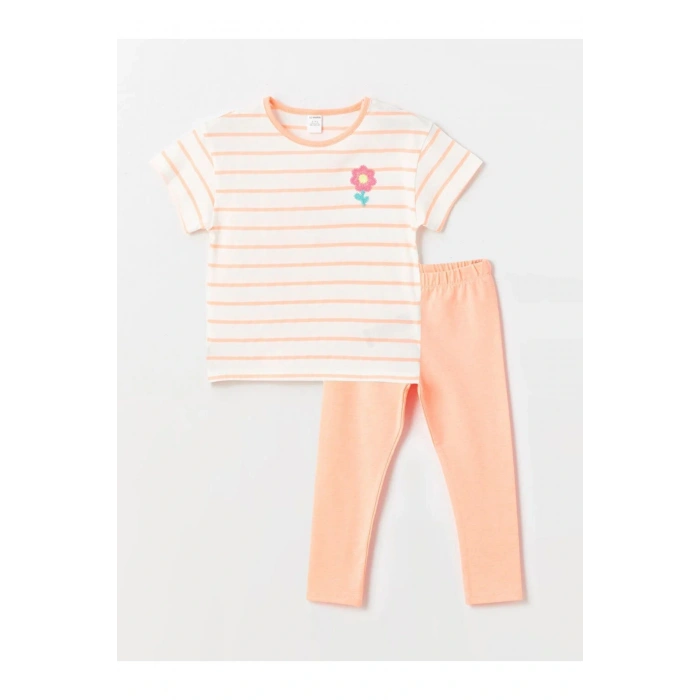 LCW baby Bisiklet Yaka Kısa Kollu Çizgili Kız Bebek Tişört ve Tayt 2li Takım