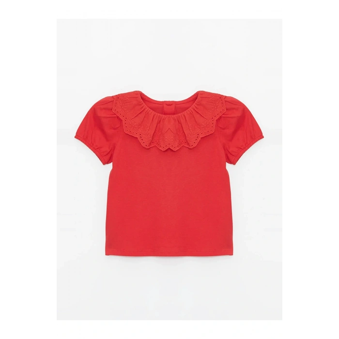 LCW baby Bisiklet Yaka Kısa Kollu Nakış Detaylı Kız Bebek Tişört