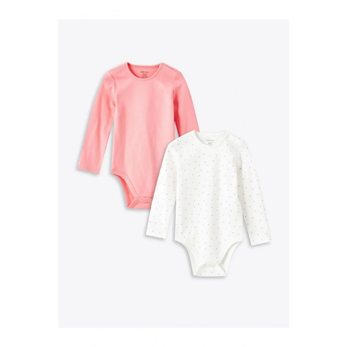LCW baby Ekru Baskılı Bisiklet Yaka Uzun Kollu Kız Bebek Çıtçıtlı Body 2li