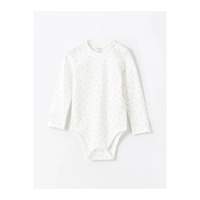 LCW baby Ekru Baskılı Bisiklet Yaka Uzun Kollu Kız Bebek Çıtçıtlı Body 2li