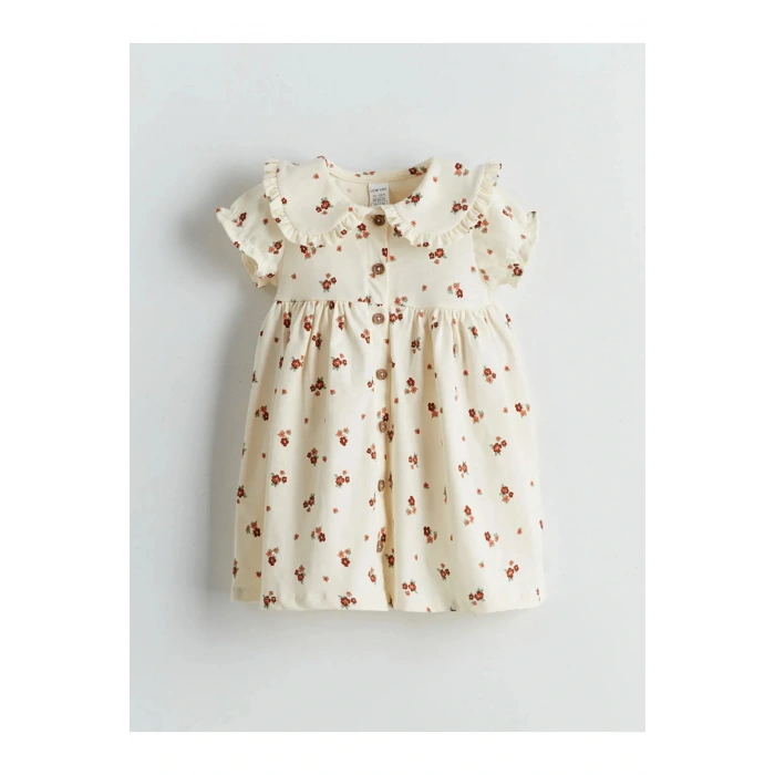 LCW baby Ekru Bebe Yaka Çiçekli Kız Bebek Elbise
