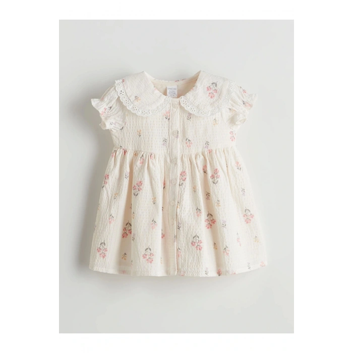 LCW baby EKRU Bebe Yaka Çiçekli Kız Bebek Elbise