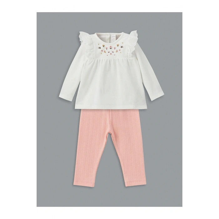 LCW baby Ekru Bisiklet Yaka Çiçekli Kız Bebek Bluz ve Tayt 2li