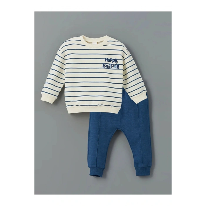 LCW baby Ekru Bisiklet Yaka Çizgili Erkek Sweatshirt ve Eşofman Alt 2li