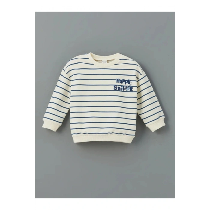 LCW baby Ekru Bisiklet Yaka Çizgili Erkek Sweatshirt ve Eşofman Alt 2li