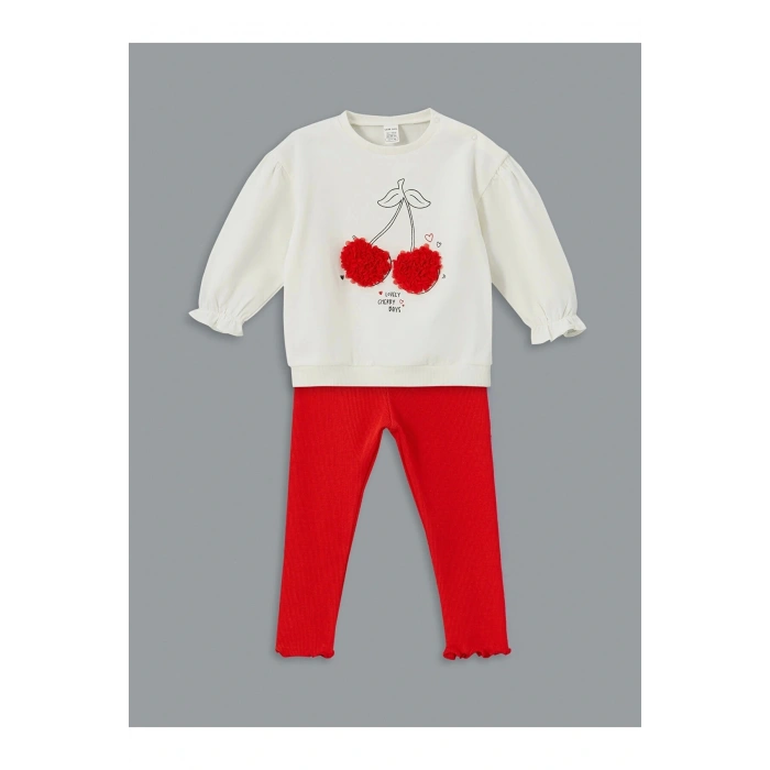Lcw Baby Ekru Bisiklet Yaka Kiraz Baskılı Kız Bebek Sweatshirt Ve Tayt 2li