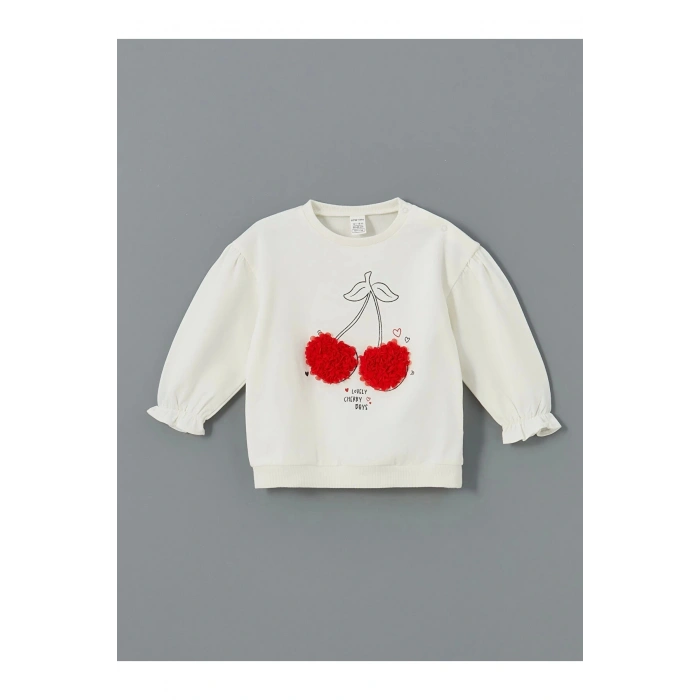 Lcw Baby Ekru Bisiklet Yaka Kiraz Baskılı Kız Bebek Sweatshirt Ve Tayt 2li