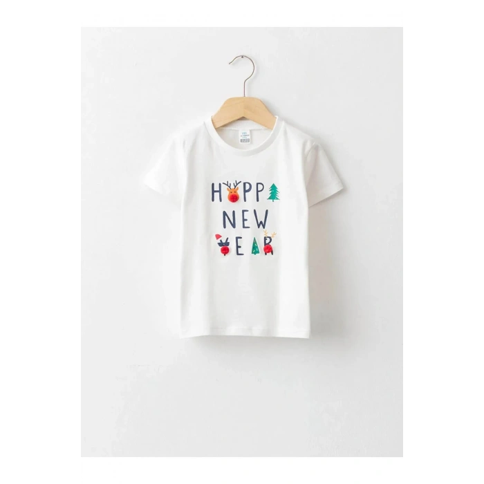 LCW baby Ekru Bisiklet Yaka Kısa Kol Baskılı Pamuklu Erkek Bebek Tişört