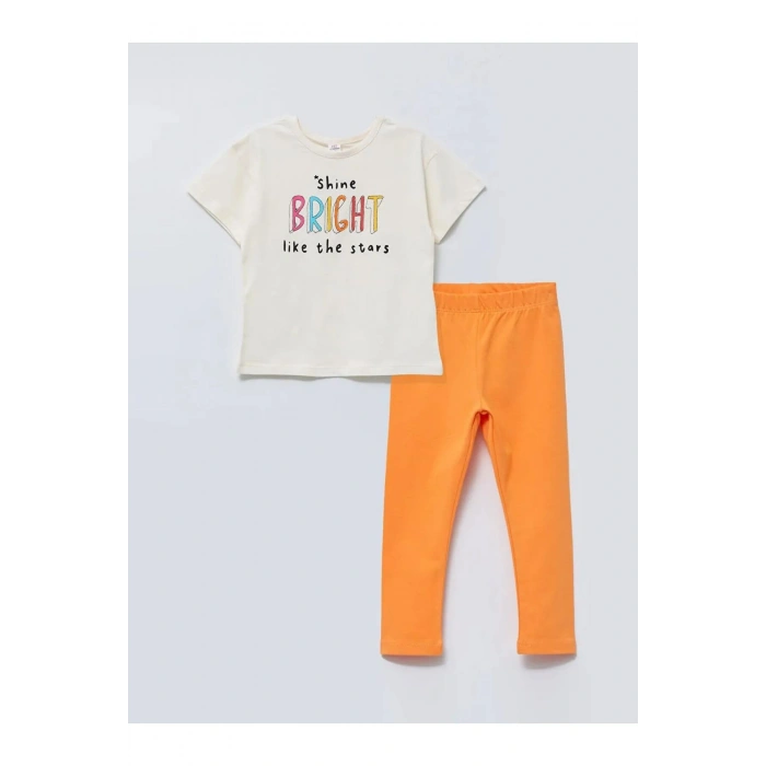 LCW baby Ekru Bisiklet Yaka Kısa Kollu Baskılı Pamuklu Kız Bebek Tişört ve Tayt 2li Takım