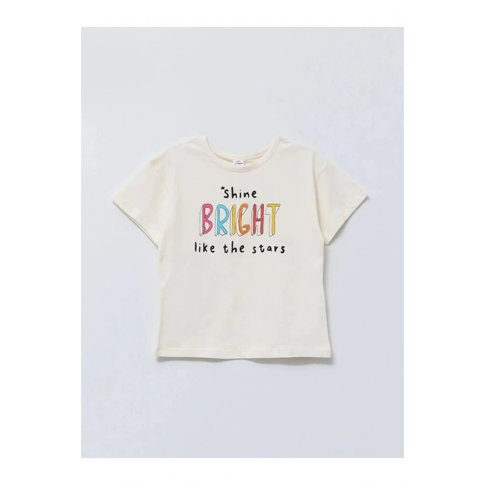 LCW baby Ekru Bisiklet Yaka Kısa Kollu Baskılı Pamuklu Kız Bebek Tişört ve Tayt 2li Takım