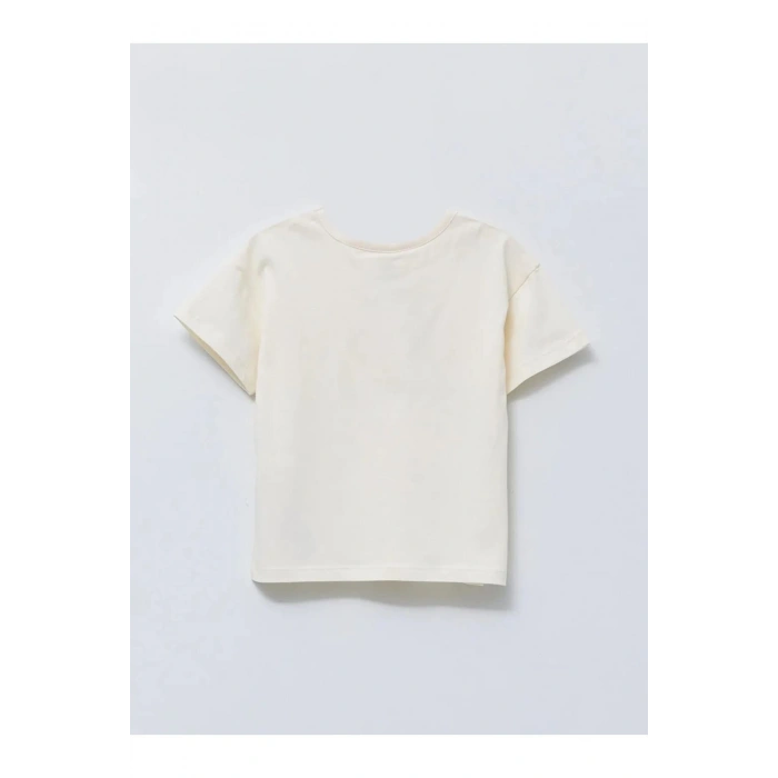 LCW baby Ekru Bisiklet Yaka Kısa Kollu Baskılı Pamuklu Kız Bebek Tişört ve Tayt 2li Takım