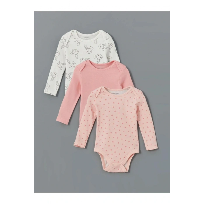 LCW baby Ekru Bisiklet Yaka Kız Bebek Çıtçıtlı Body 3lü