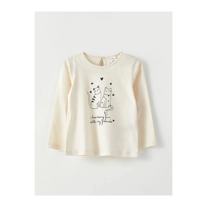 LCW baby Ekru Bisiklet Yaka Uzun Kol Baskılı Pamuklu Kız Bebek Tişört