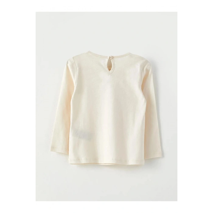 LCW baby Ekru Bisiklet Yaka Uzun Kol Baskılı Pamuklu Kız Bebek Tişört