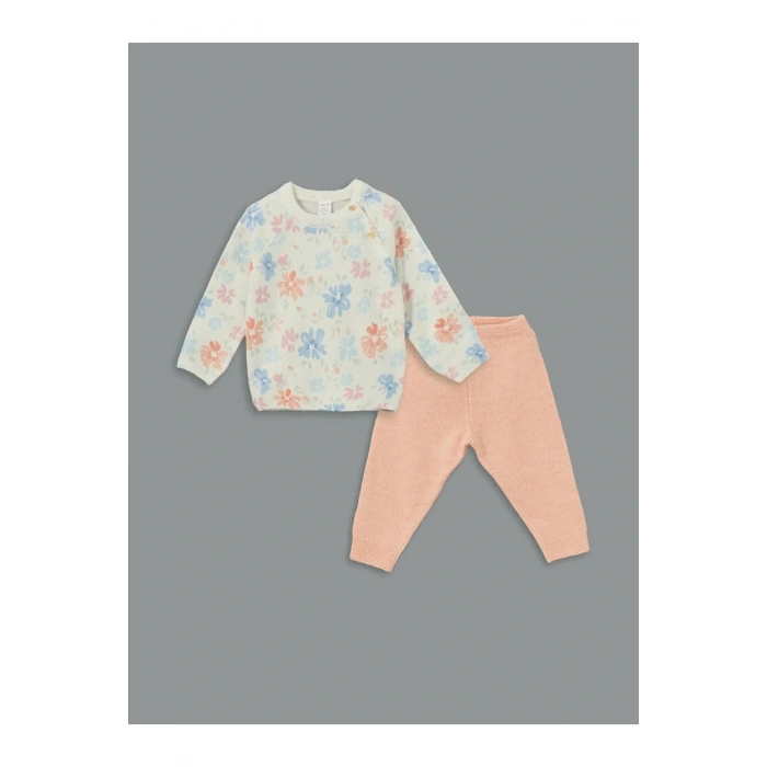 LCW baby Ekru Bisiklet Yaka Uzun Kollu Baskılı Kız Bebek Sweatshirt ve Eşofman Alt 2li Takım