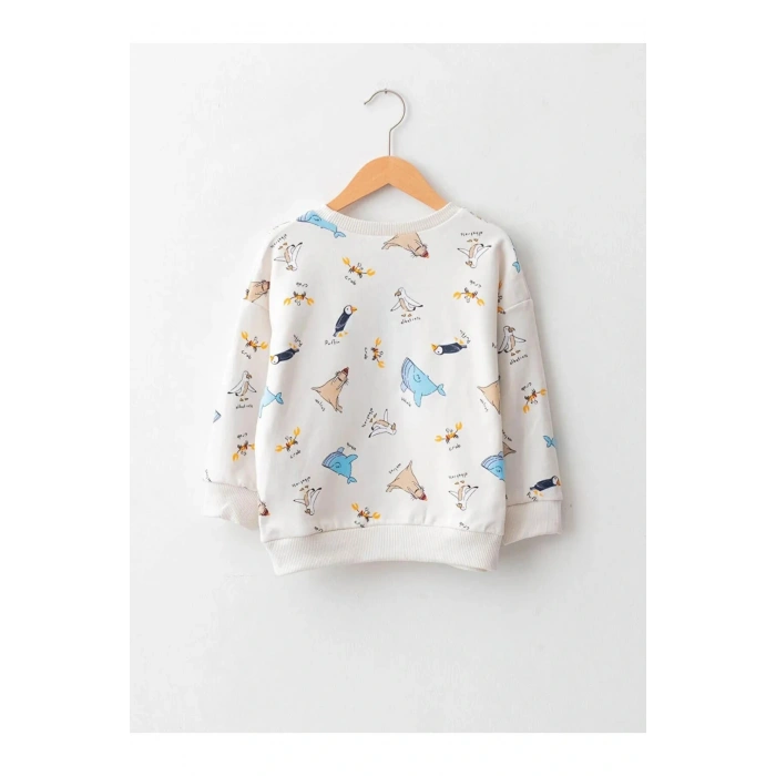 LCW baby Ekru Bisiklet Yaka Uzun Kollu Baskılı Pamuklu Erkek Bebek Sweatshirt