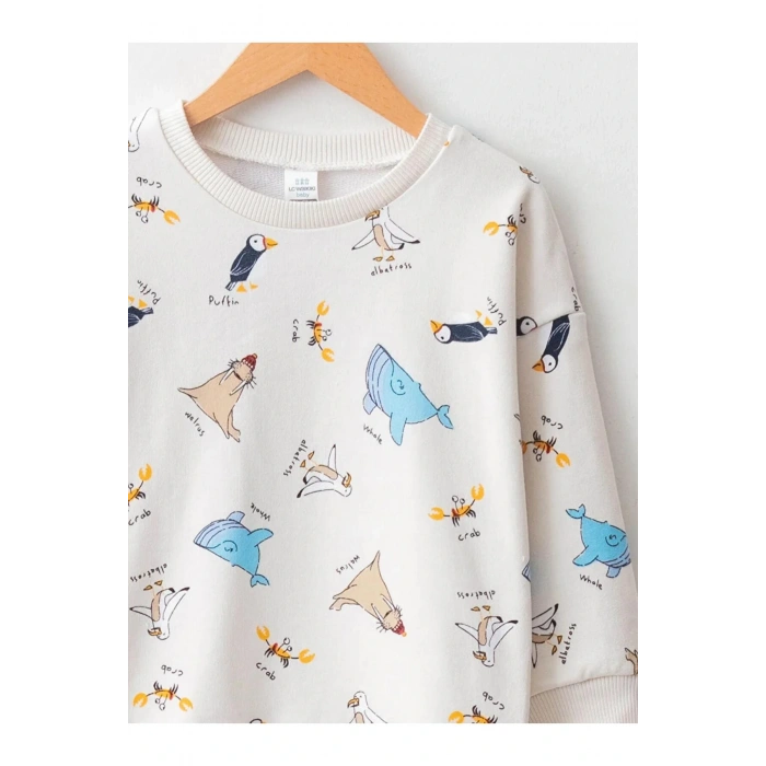 LCW baby Ekru Bisiklet Yaka Uzun Kollu Baskılı Pamuklu Erkek Bebek Sweatshirt
