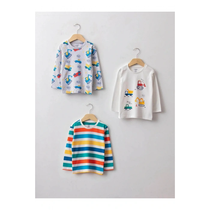 LCW baby Ekru Bisiklet Yaka Uzun Kollu Baskılı Pamuklu Erkek Bebek Tişört 3lü