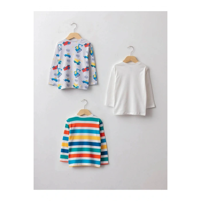 LCW baby Ekru Bisiklet Yaka Uzun Kollu Baskılı Pamuklu Erkek Bebek Tişört 3lü