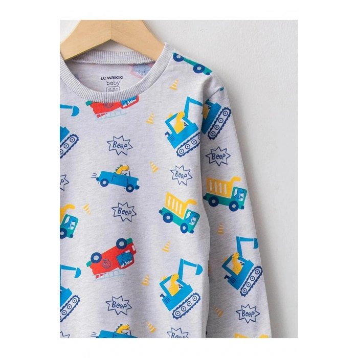 LCW baby Ekru Bisiklet Yaka Uzun Kollu Baskılı Pamuklu Erkek Bebek Tişört 3lü