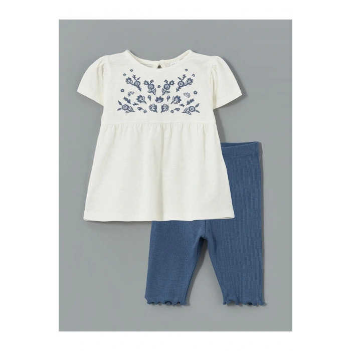 LCW baby Ekru Çiçekli Kız Bebek Tişört ve Tayt 2li