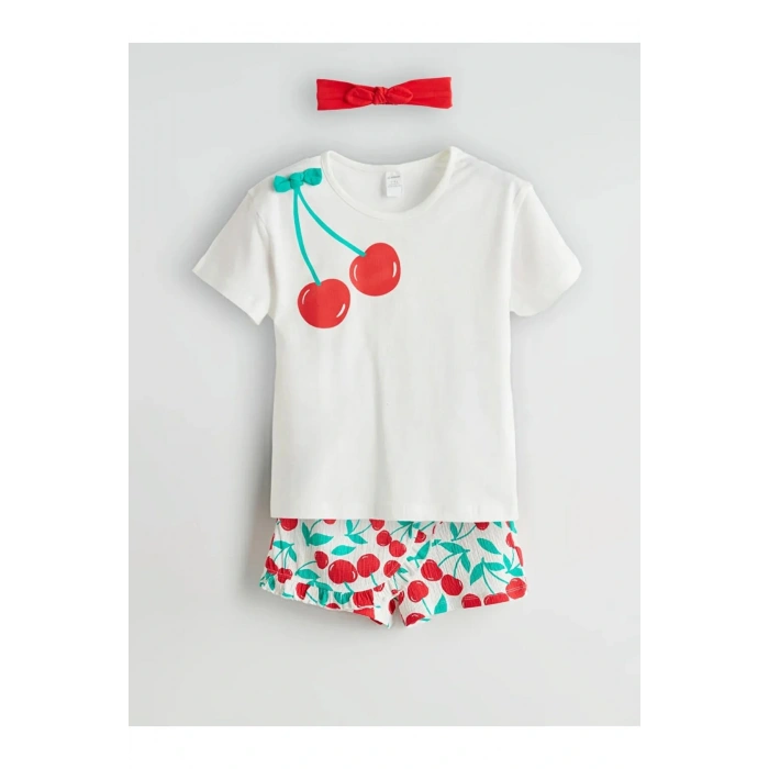 LCW baby Ekru Kız Bebek Tişört Şort Saç Bandı 3lü Takım