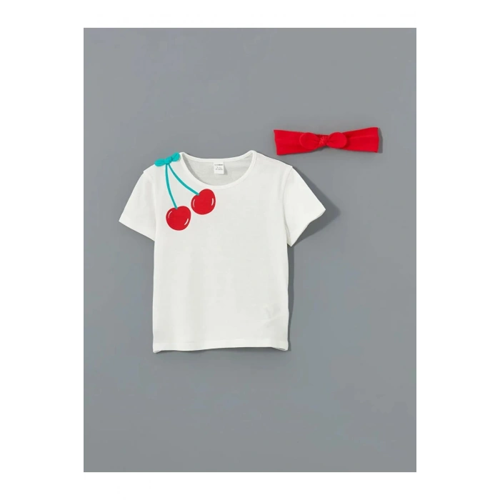 LCW baby Ekru Kız Bebek Tişört Şort Saç Bandı 3lü Takım