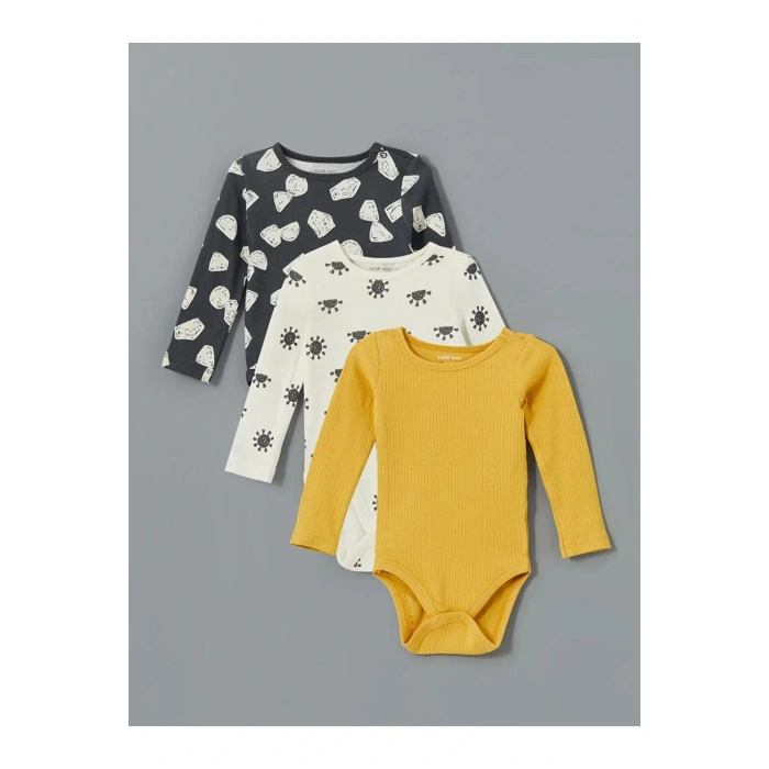 LCW baby Gri Bisiklet Yaka Baskılı Erkek Bebek Çıtçıtlı Body 3lü