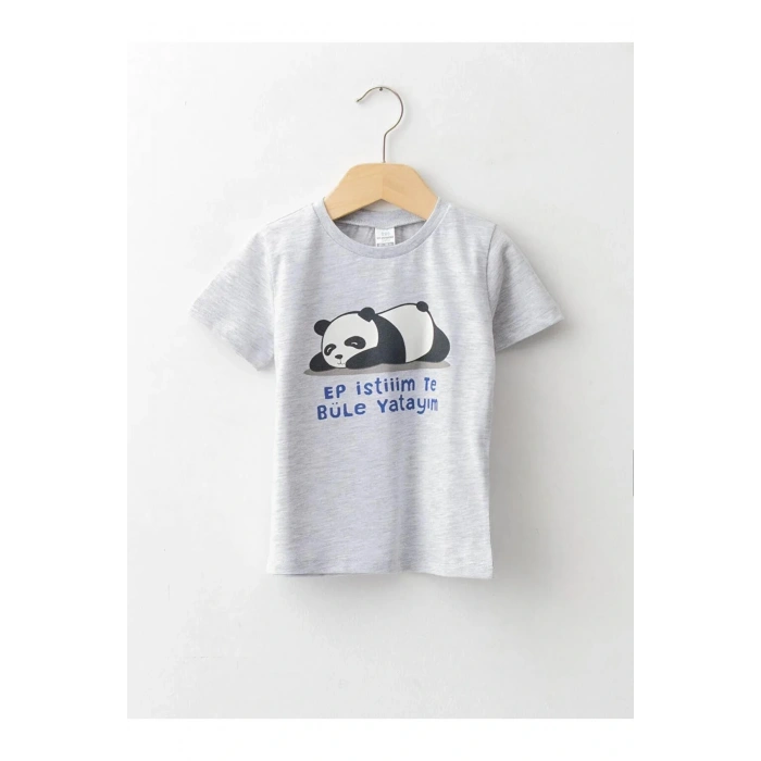 LCW baby Gri Bisiklet Yaka Kısa Kollu Baskılı Erkek Bebek Tişört