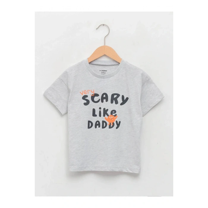 LCW baby Gri Bisiklet Yaka Kısa Kollu Baskılı Erkek Bebek Tişört