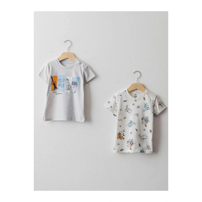 LCW baby Gri Bisiklet Yaka Kısa Kollu Baskılı Pamuklu Erkek Bebek Tişört 2li