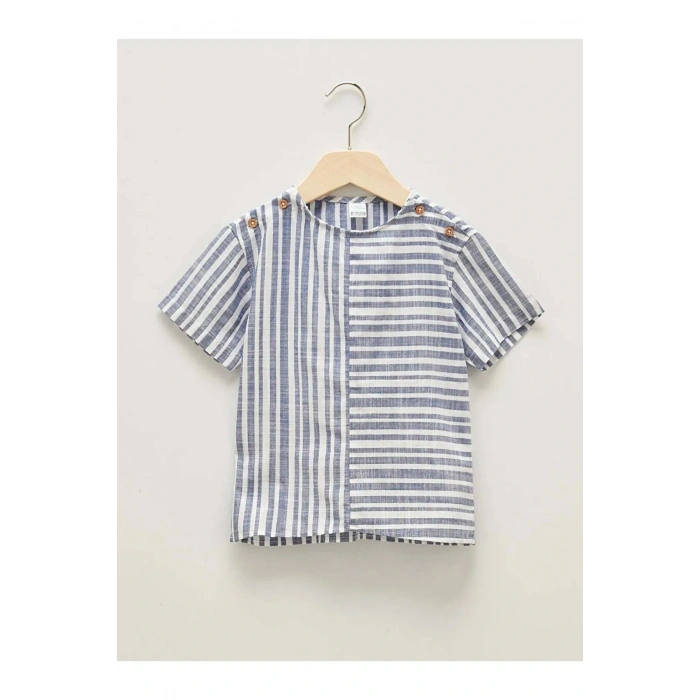 LCW baby Gri Bisiklet Yaka Kısa Kollu Çizgili Erkek Bebek Gömlek