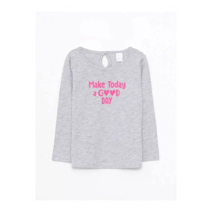 LCW baby Gri Bisiklet Yaka Uzun Kol Baskılı Pamuklu Kız Bebek Tişört