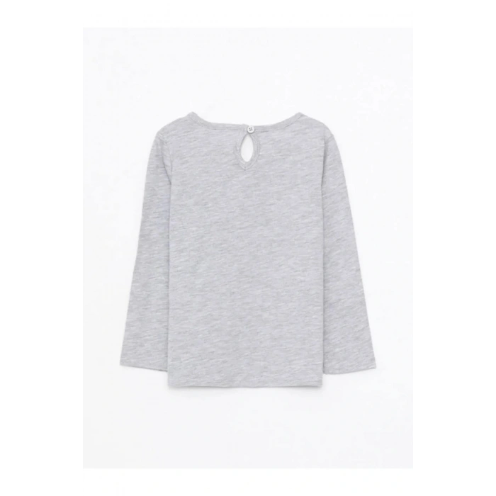 LCW baby Gri Bisiklet Yaka Uzun Kol Baskılı Pamuklu Kız Bebek Tişört