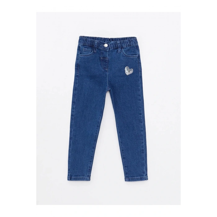 LCW baby İndigo Beli Lastikli Nakışlı Kız Bebek Jean Pantolon