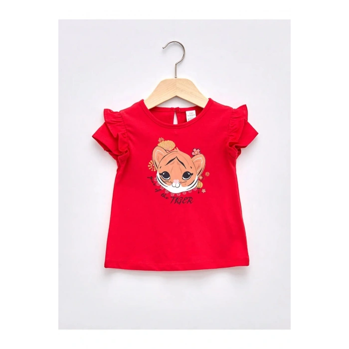 LCW baby Kırmızı Bisiklet Yaka Kısa Kol Baskılı Kız Bebek Tişört