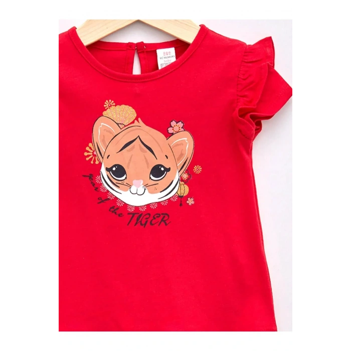 LCW baby Kırmızı Bisiklet Yaka Kısa Kol Baskılı Kız Bebek Tişört